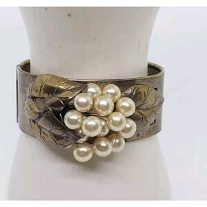 Antique Bracelet Faux Pearl Cluster Leaves Clamper Thick Rolled Copper Vintage